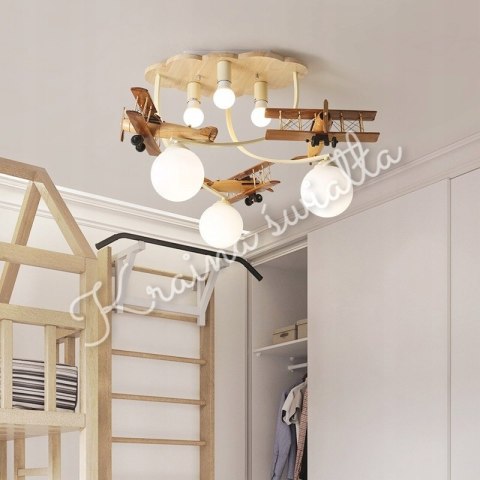 Lampa sufitowa drewniana Samoloty Kraina światła
